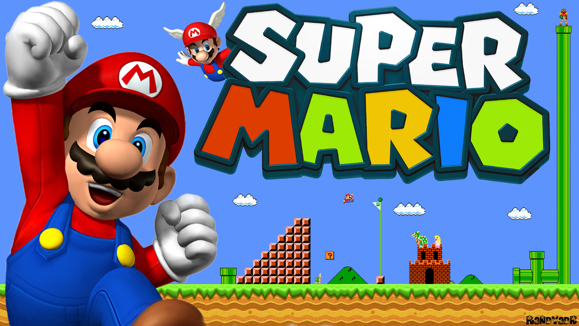 Super Mario, Mario, Logo, Pixel art, 16:9 Full HD, sfondo widescreen