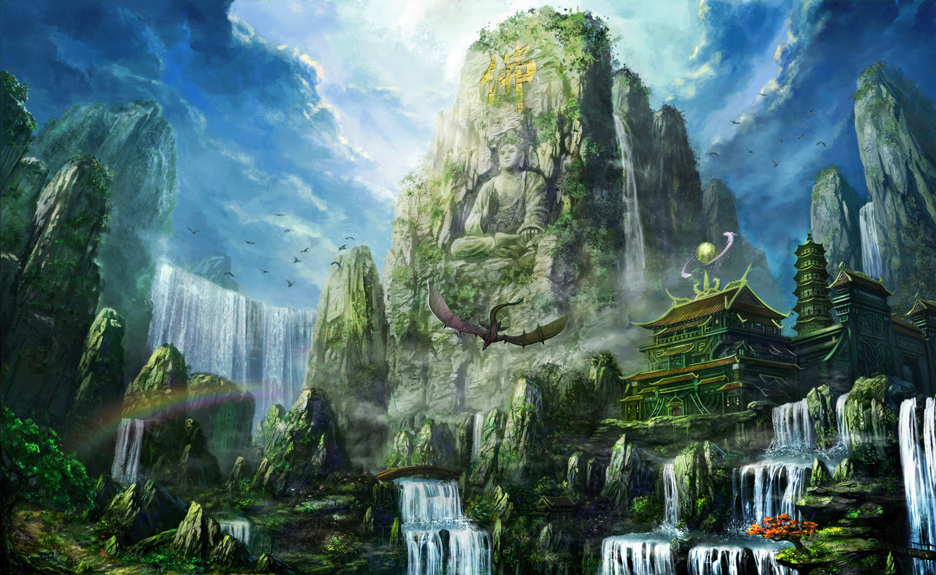 Buddha, Montagna, Cascate, Arte fantasy, Full HD, sfondo per PC e portatile