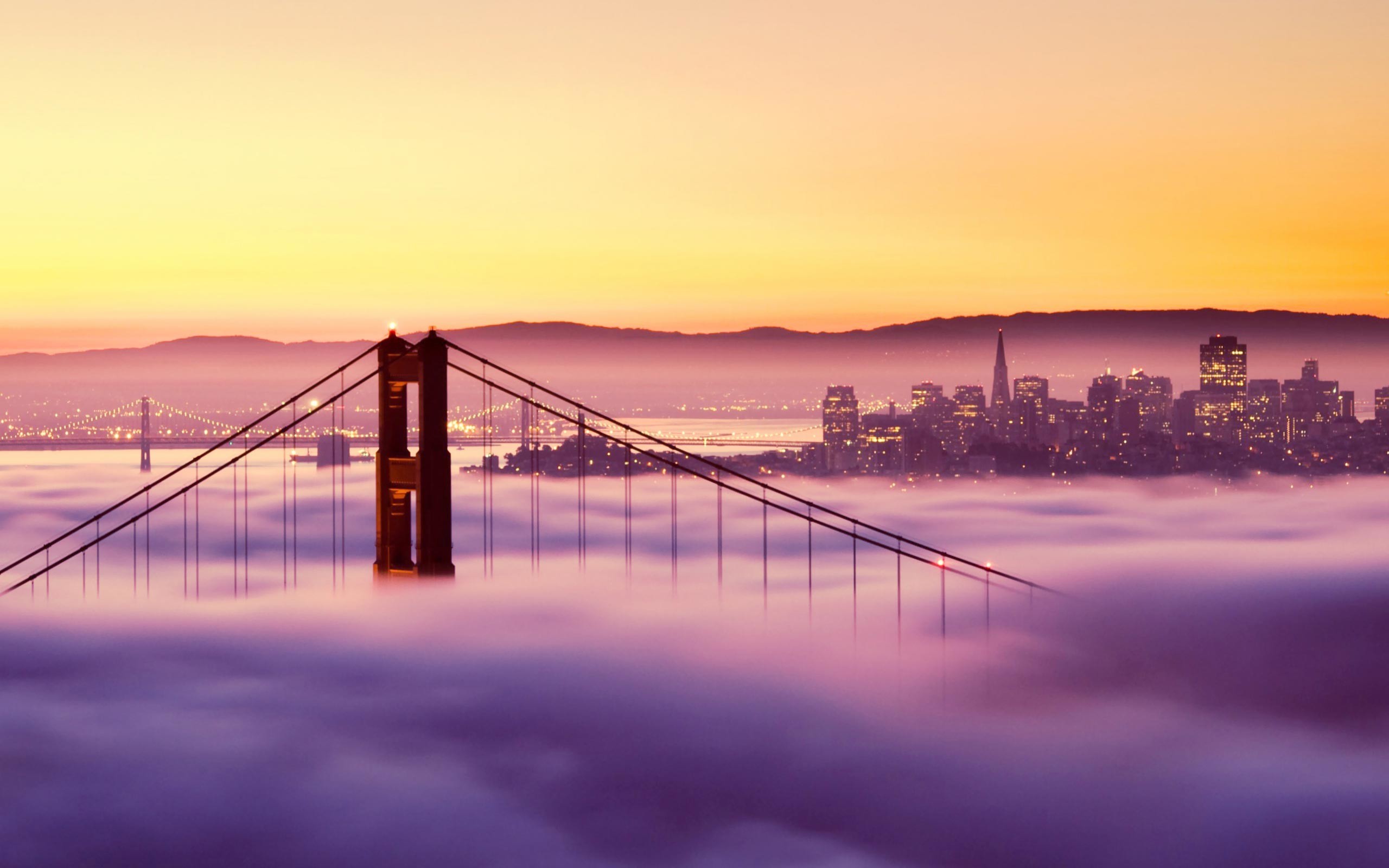 Golden Gate Bridge, San Francisco, Nebbia, Alba rosa, 2K 1600p, sfondo desktop