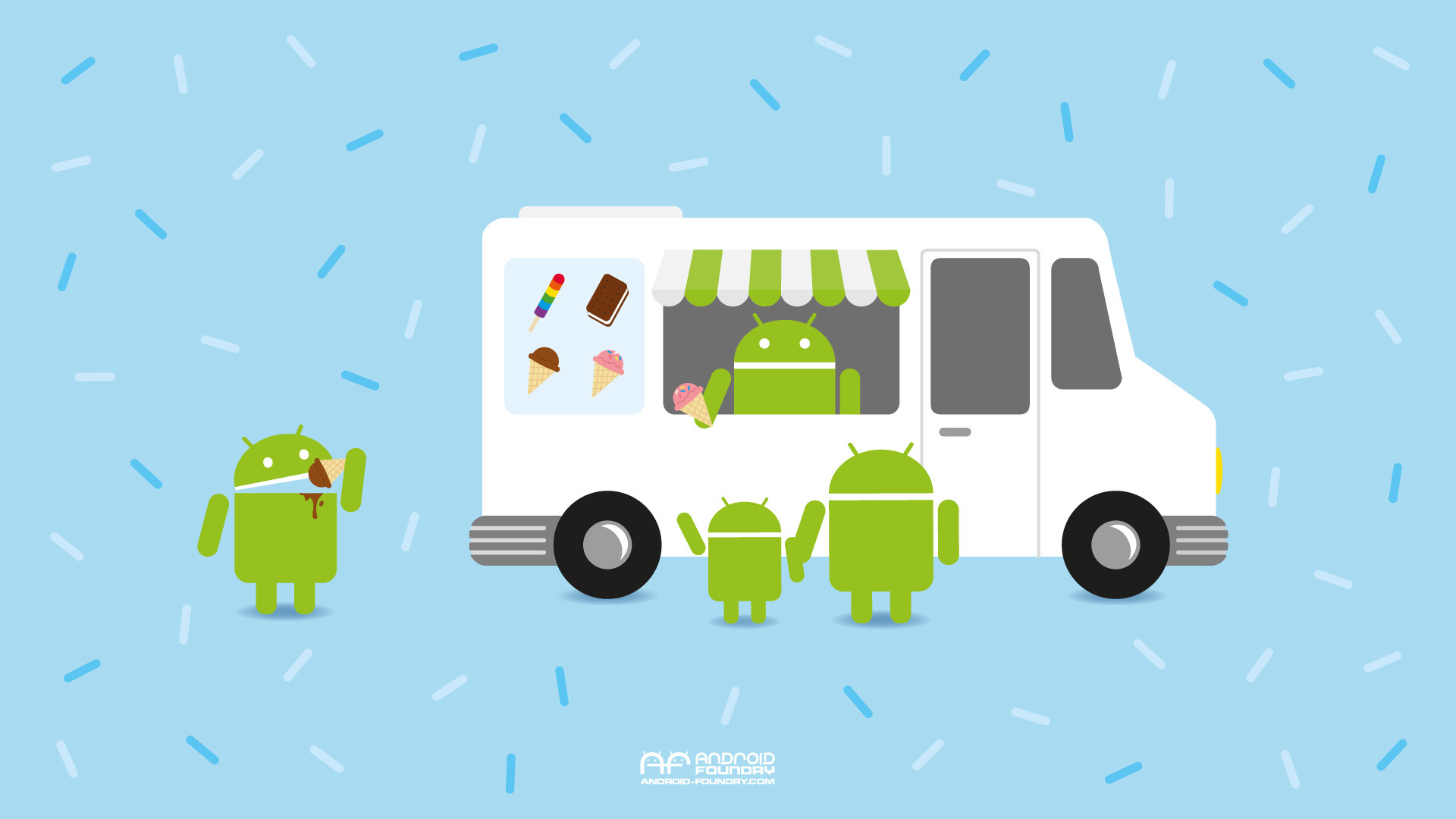 Android, Bugdroid, Ice Cream Sandwich, Furgone dei gelati, Illustrazione, sfondo desktop 1920x1080