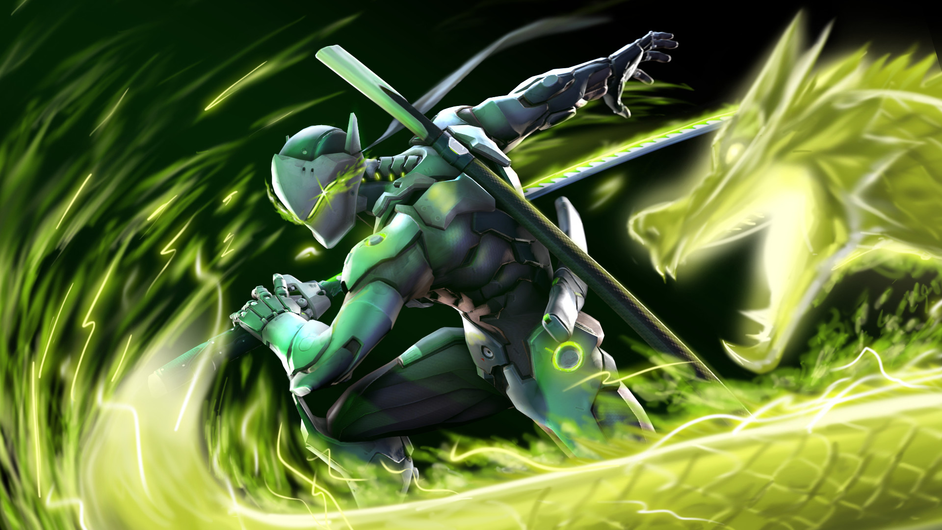 Genji, Overwatch, Dragonblade, Drago verde, Arte digitale, 1920x1080, immagine di sfondo