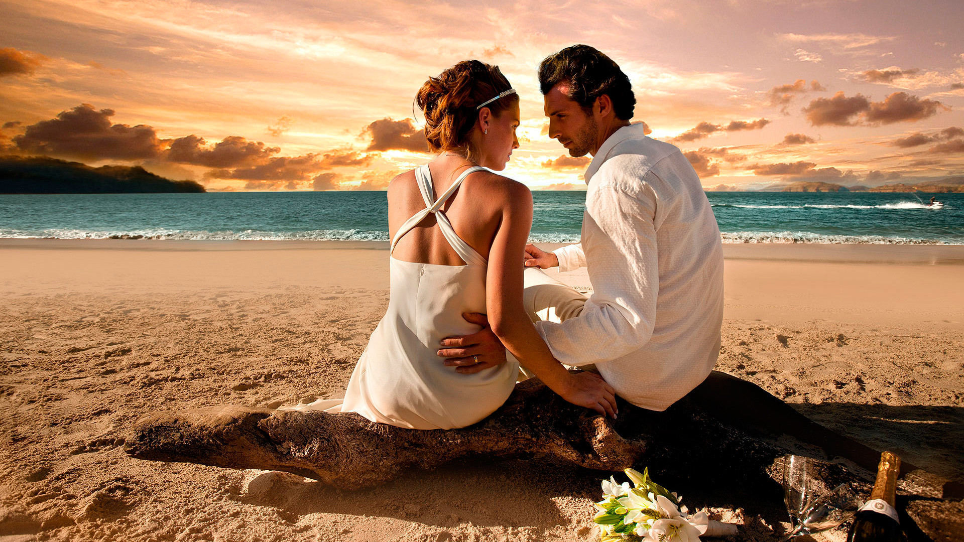 Coppia, Spiaggia, Tramonto, Romantico, 16:9 Full HD, wallpaper widescreen