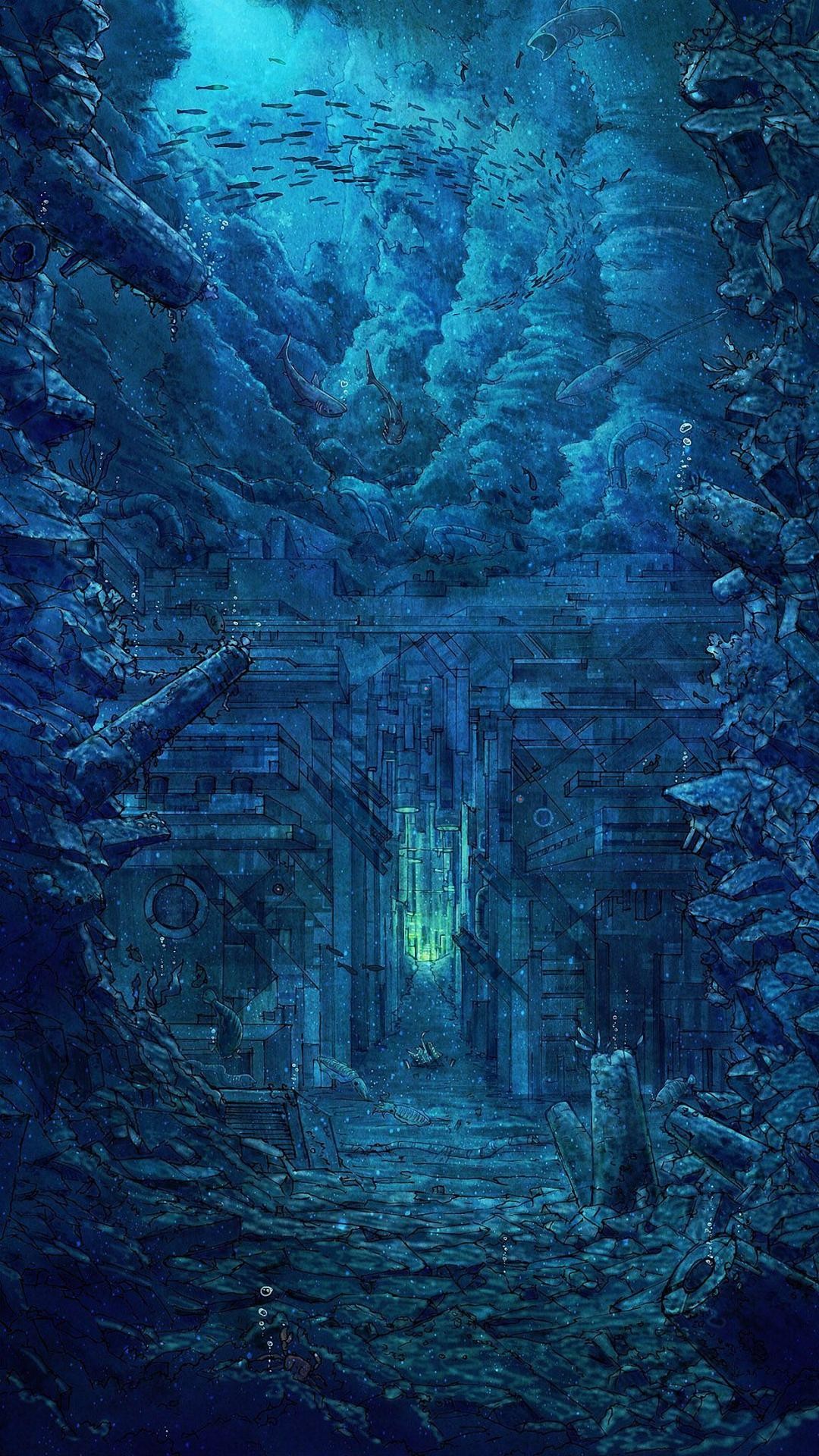 Foresta fantasy, Rovine, Blu, Arte digitale, wallpaper per iPhone e Android