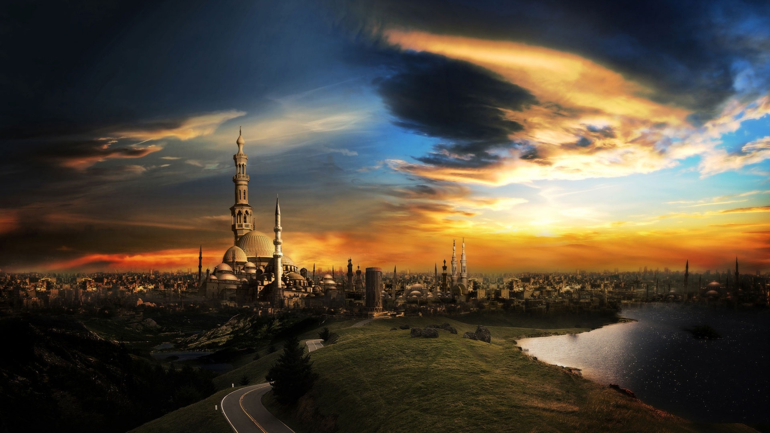 Moschea, Città, Tramonto, Cielo, 16:9 2K, sfondo widescreen
