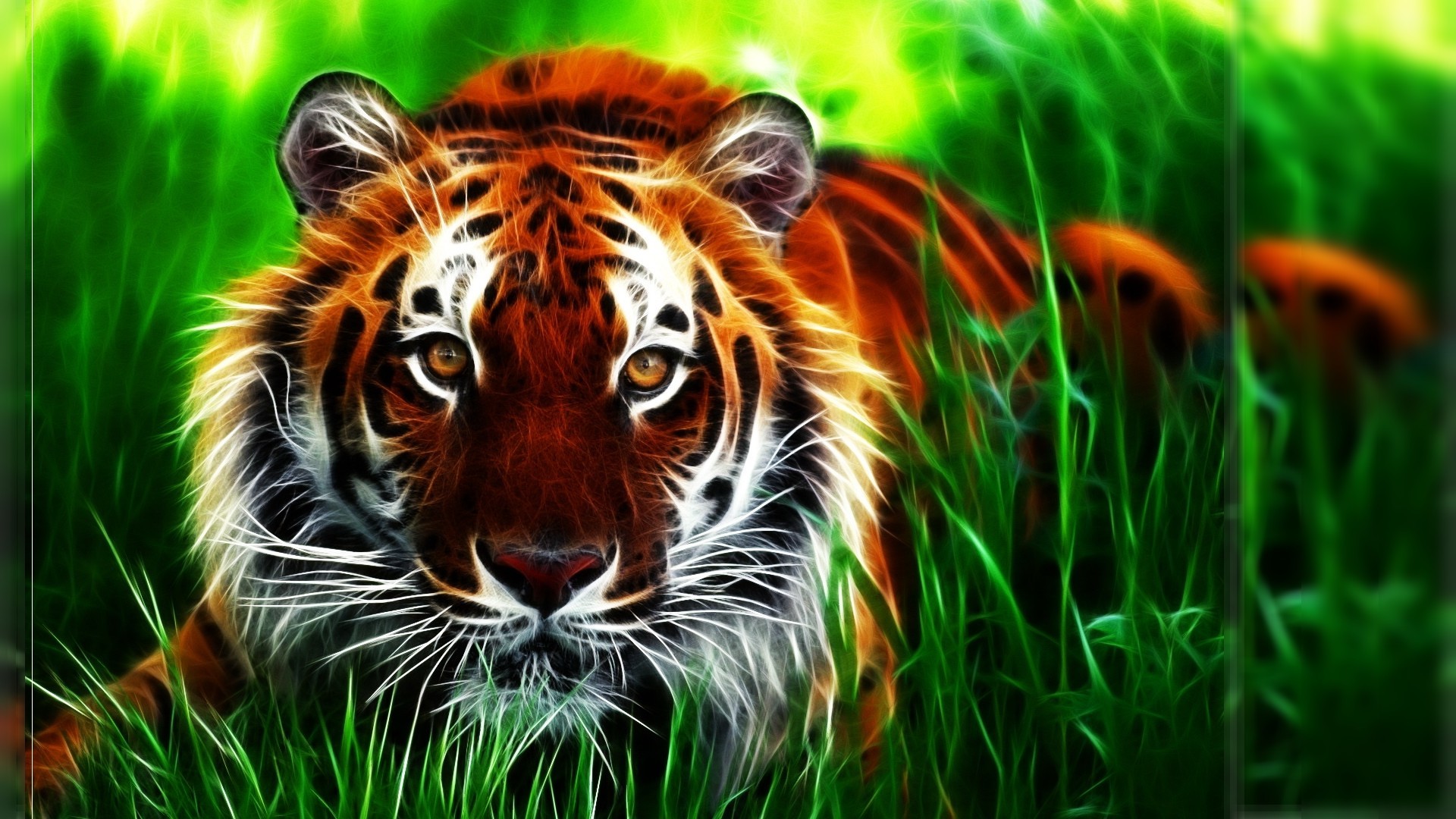 Tigre, Erba, Arte frattale, Verde, Full HD, sfondo desktop