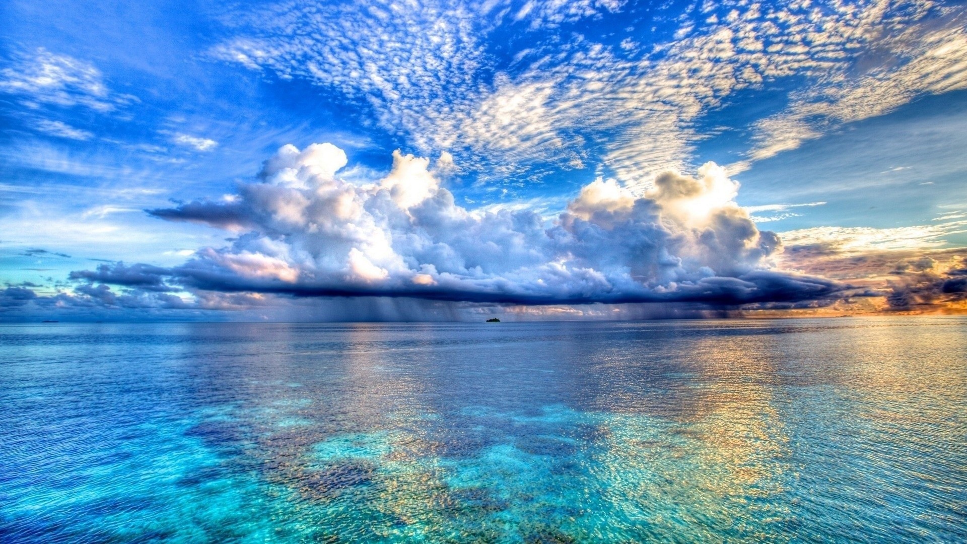 Mare, Nuvole, Riflessi, Tramonto, HDR, 16:9 Full HD, sfondo widescreen