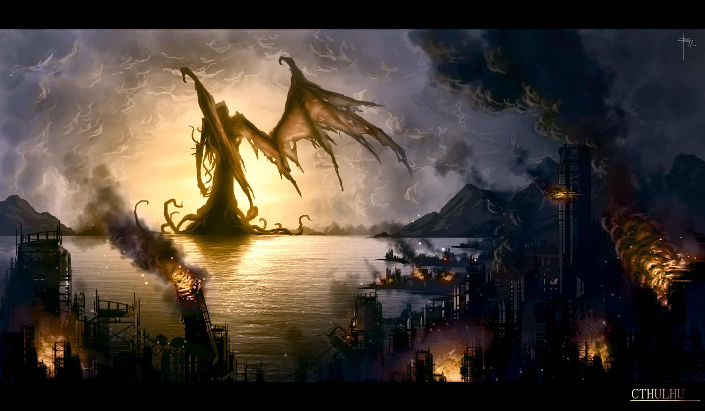 Cthulhu, Città in fiamme, Ali, Notte, Full HD, sfondo per PC