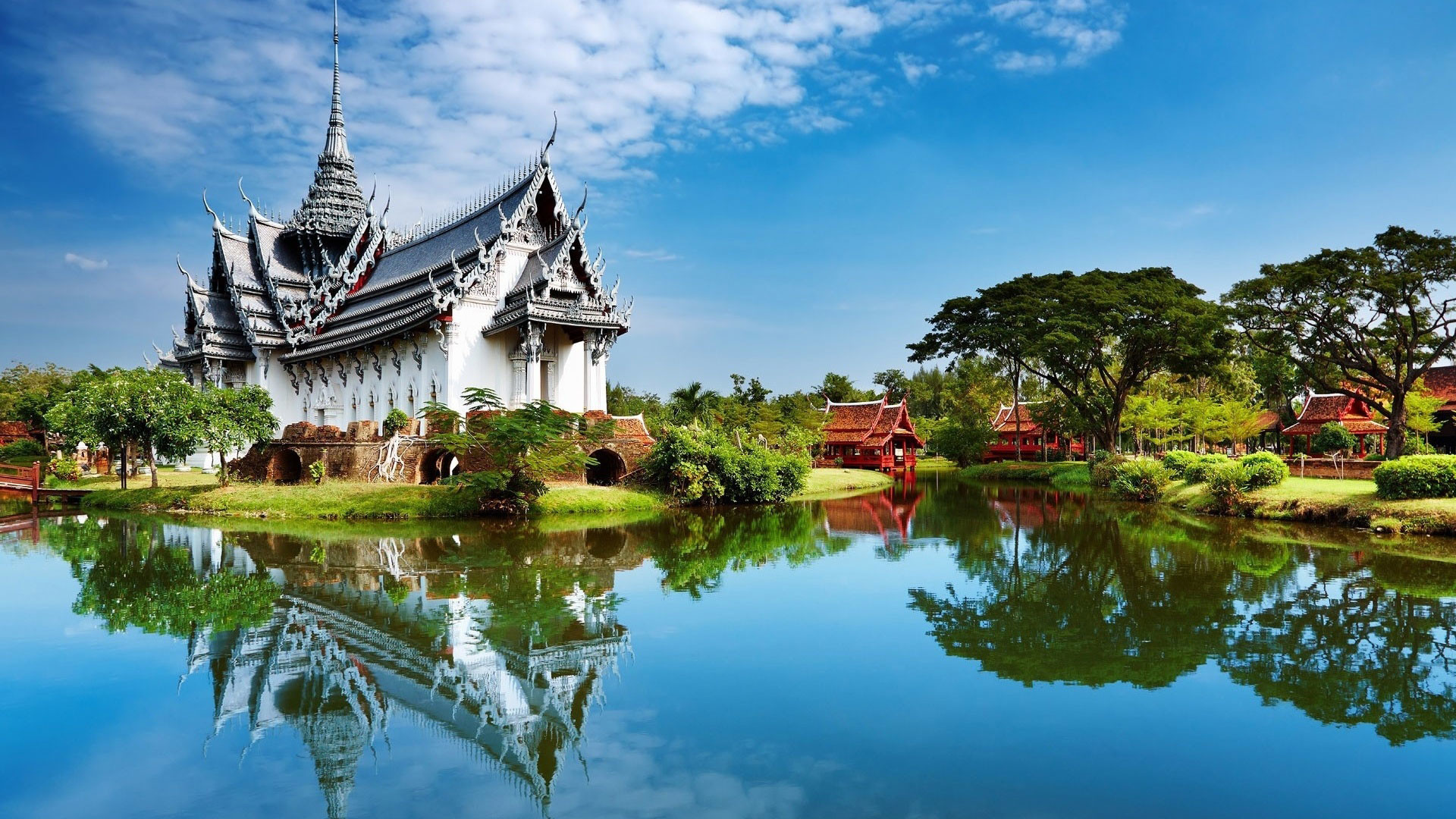 Sanctuary of Truth, Muang Boran, Thailandia, Tempio, Riflesso, sfondo Full HD per desktop