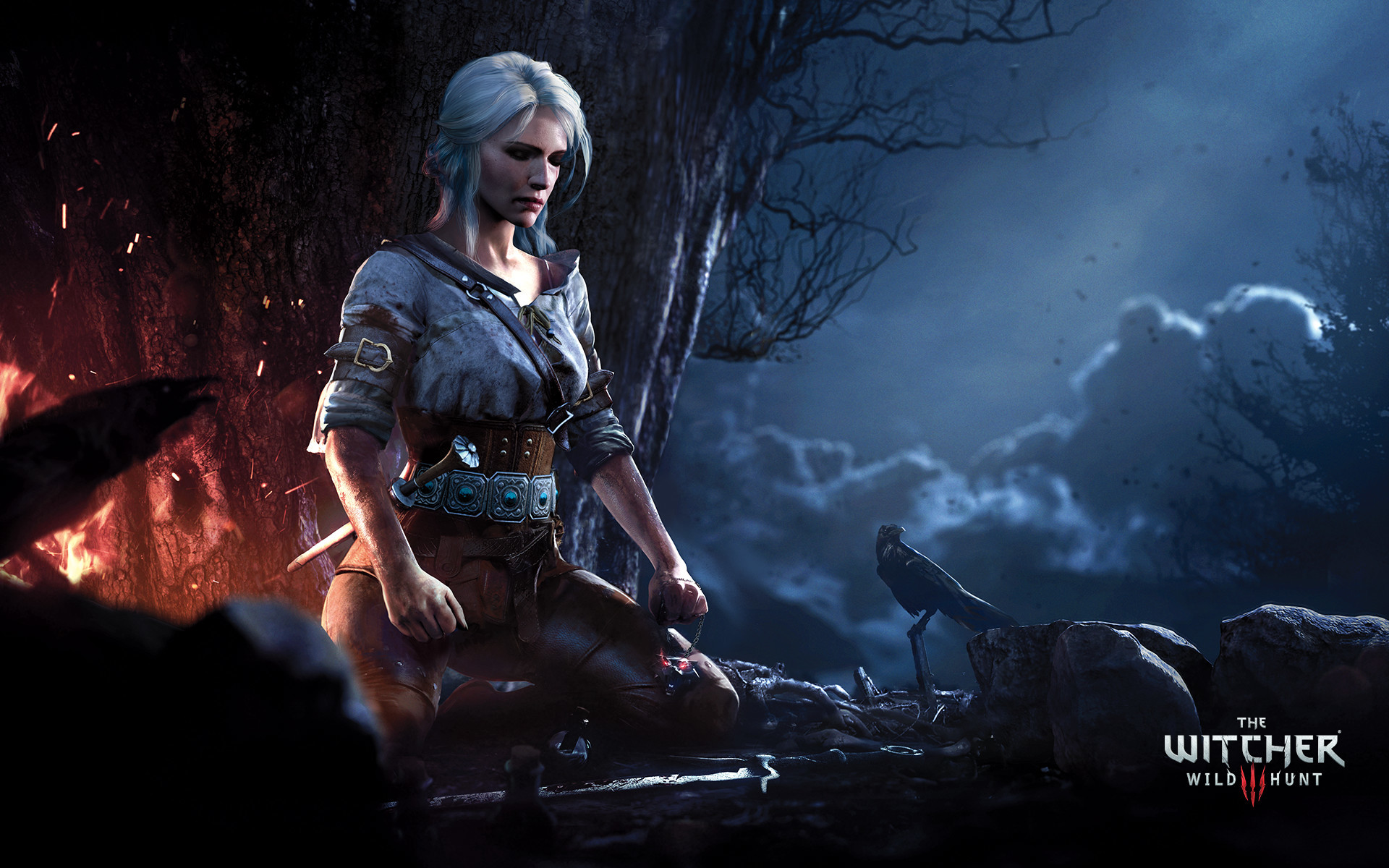 Ciri, The Witcher 3: Wild Hunt, Notte, Fuoco, 16:10 Full HD, sfondo widescreen