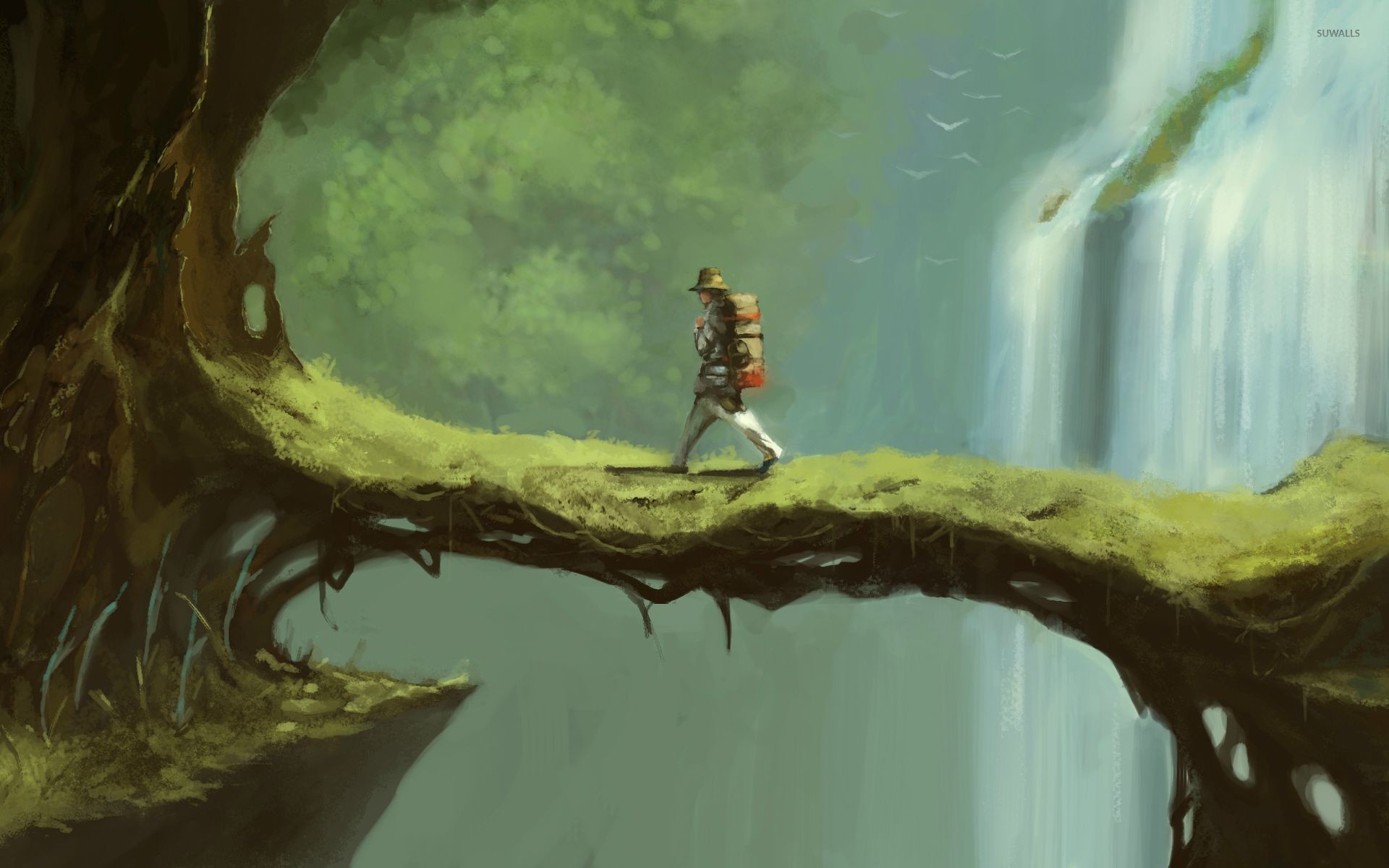 Esploratore, Ramo, Cascata, Illustrazione, Giungla, 1920x1200, sfondo per PC