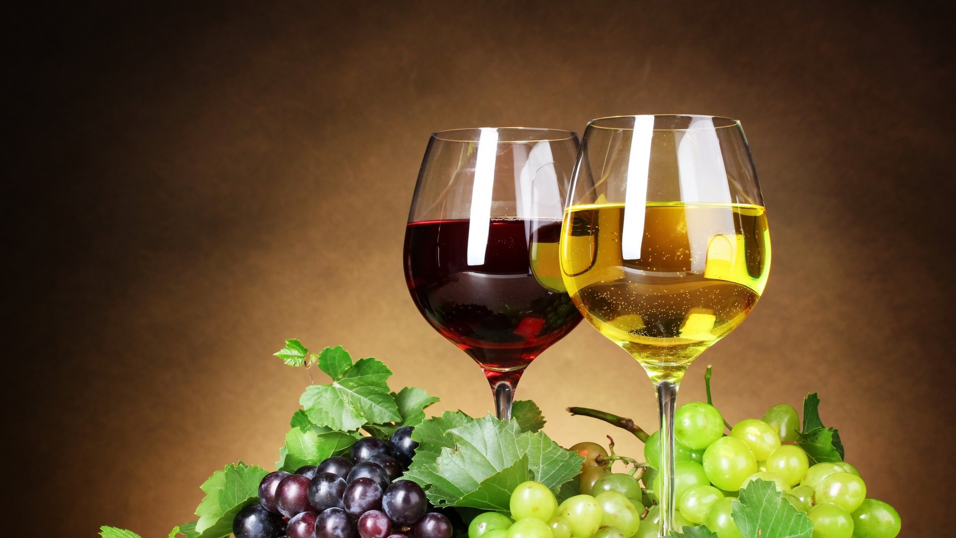 Vino rosso, Vino bianco, Calici, Uva, Foglie di vite, Full HD 1080p, sfondo desktop