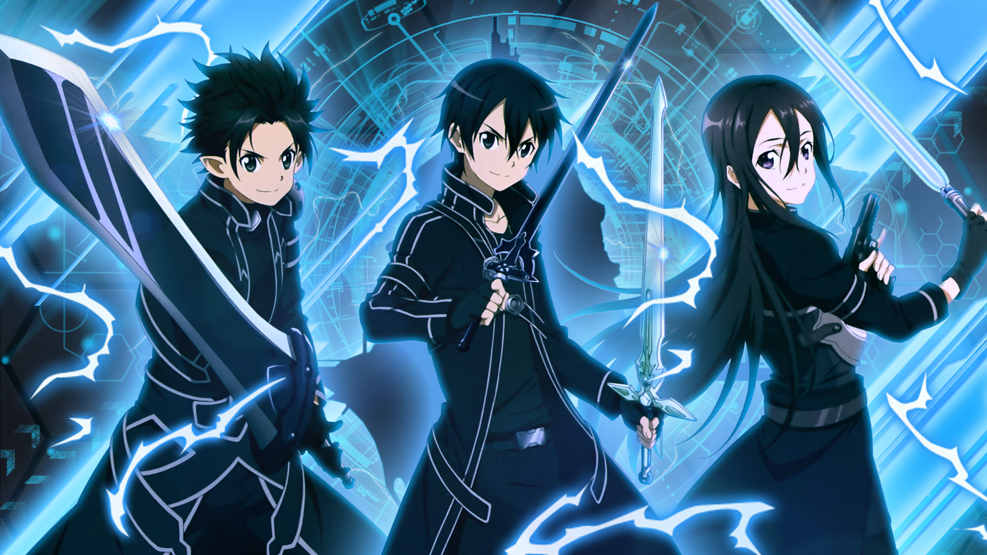 Kirito, Sword Art Online, Tre versioni, Fulmini, 1920x1080, sfondo per PC