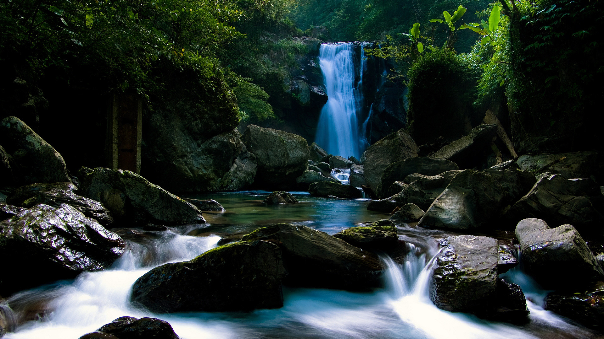 Cascata, Torrente, Rocce, Bosco, Full HD, sfondo per desktop