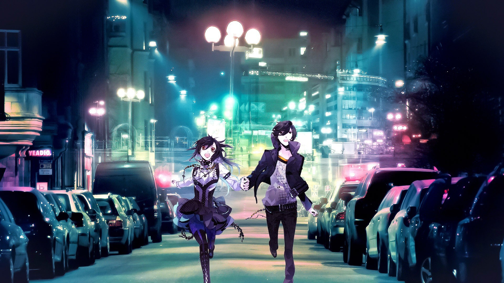 Ragazze anime, Città notturna, Strada, Full HD, sfondo per PC e portatile