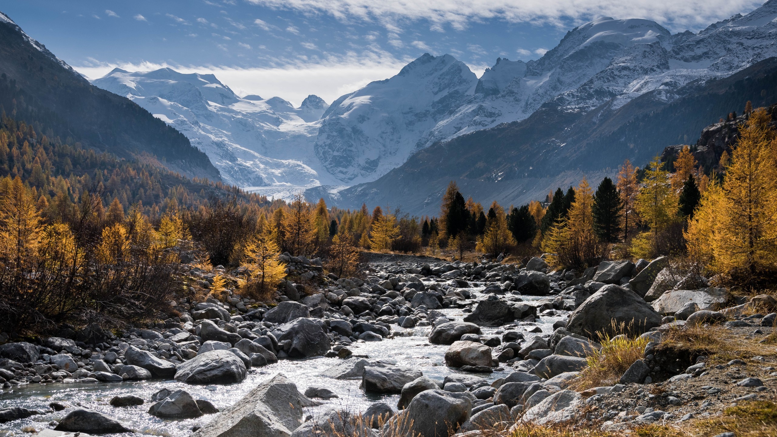 Val Roseg, Alpi, Torrente, Autunno, Montagne innevate, 2560x1440, sfondo per PC
