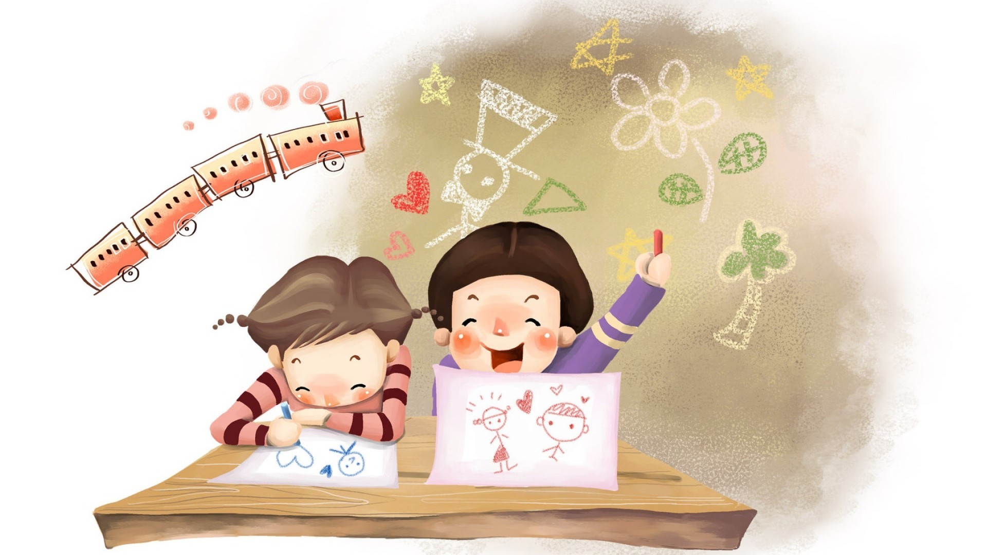 Bambini, Disegno, Trenino, Illustrazione, 16:9 Full HD, sfondo widescreen