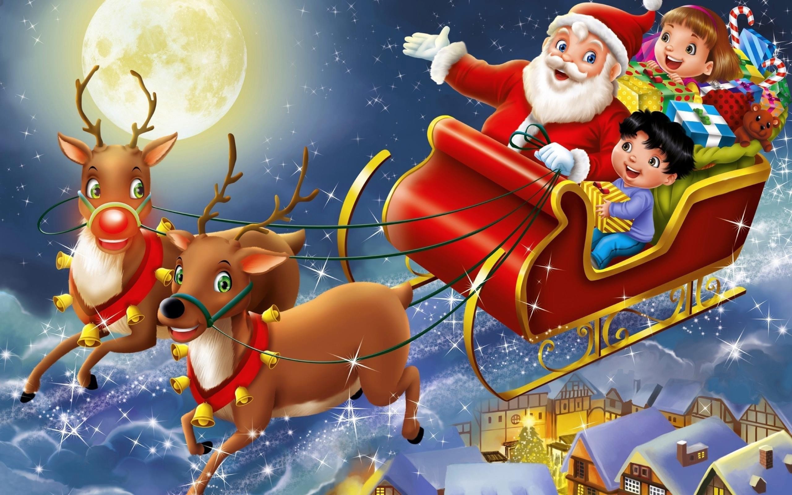 Babbo Natale, Rudolph, Slitta, Bambini, Luna, 16:10 2K, sfondo widescreen