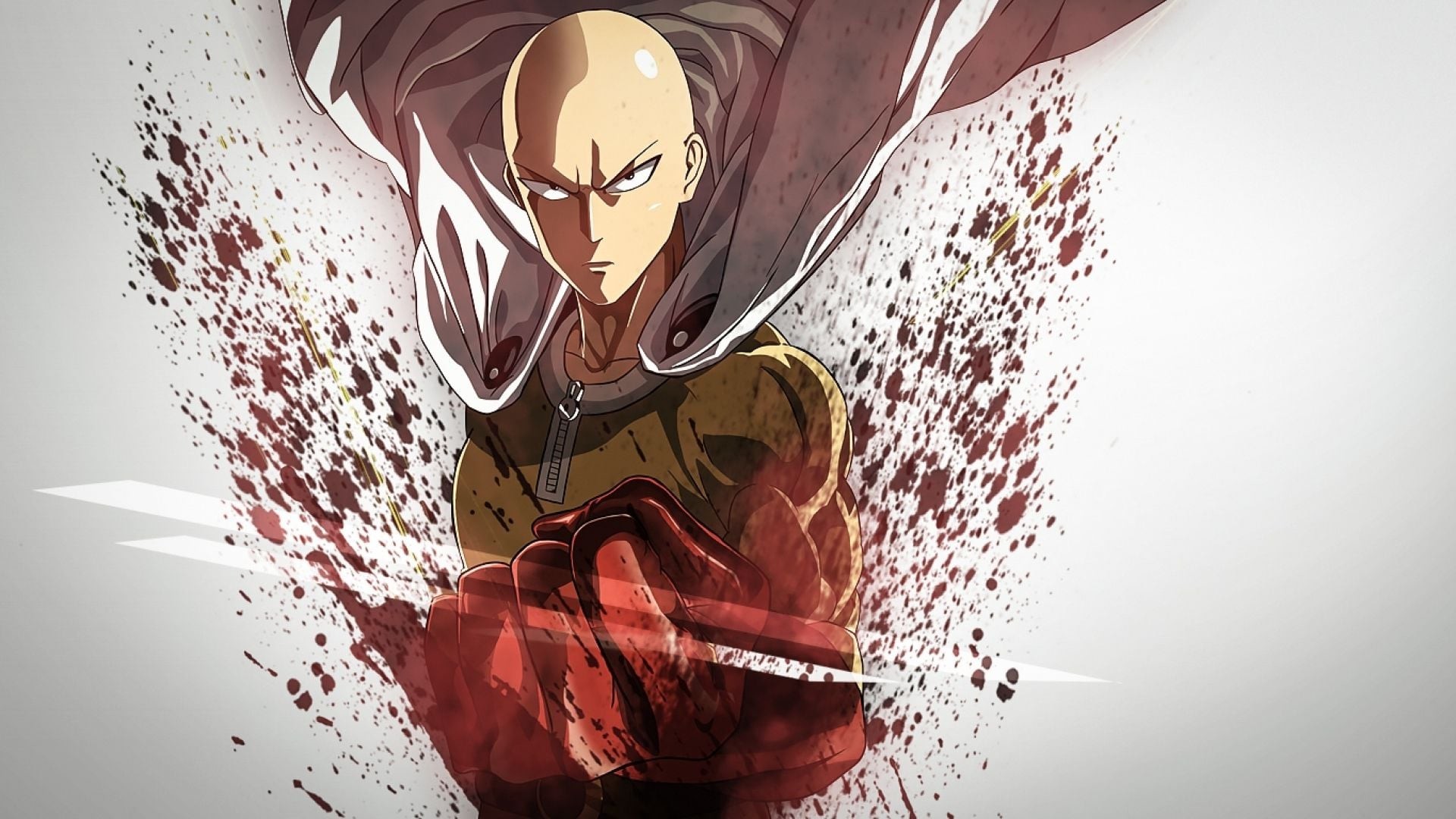 Saitama, One Punch Man, Schizzi rossi, Sfondo bianco, 16:9 Full HD, wallpaper widescreen