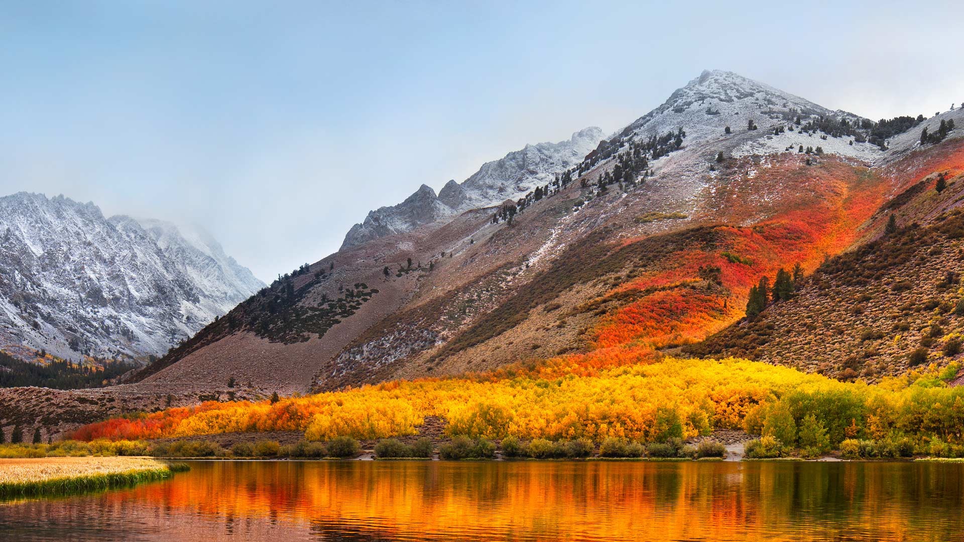 macOS High Sierra, Montagne, Autunno, Lago, sfondo desktop Mac