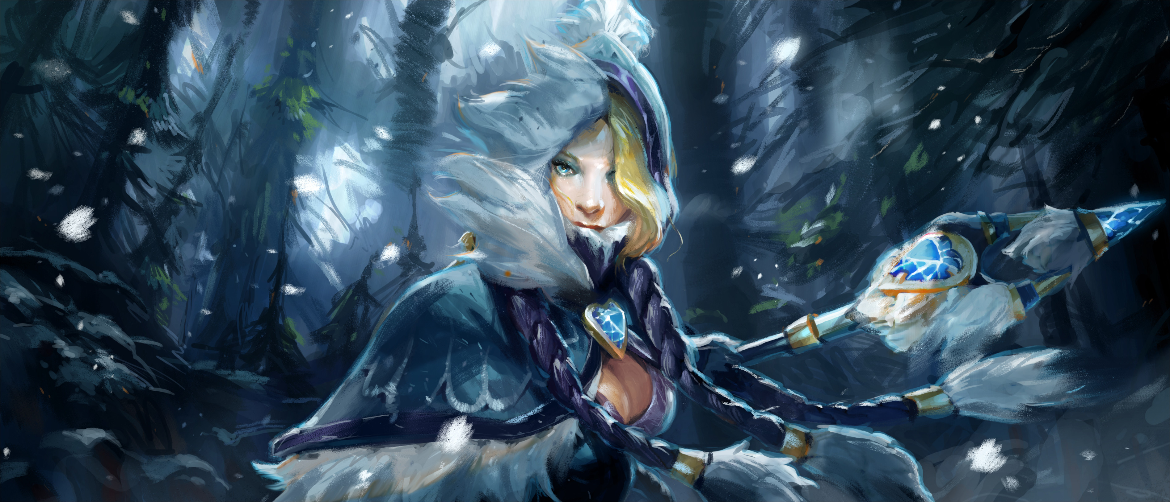 Crystal Maiden, Dota 2, Neve, Foresta, Bastone, 21:9 2K, sfondo widescreen