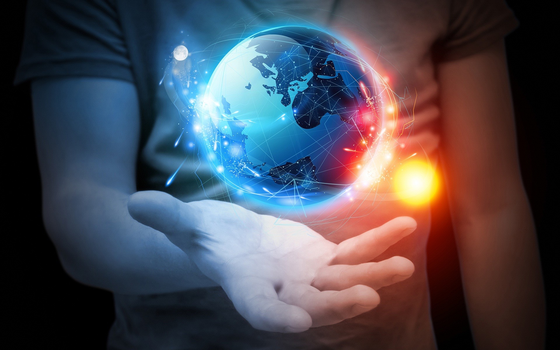 Globo terrestre, Mani, Luce, Tecnologia, Full HD, sfondo per portatile