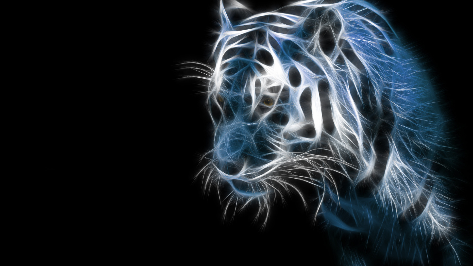 Tigre bianca, Arte frattale, Sfondo nero, Arte digitale, 16:9 Full HD, wallpaper widescreen