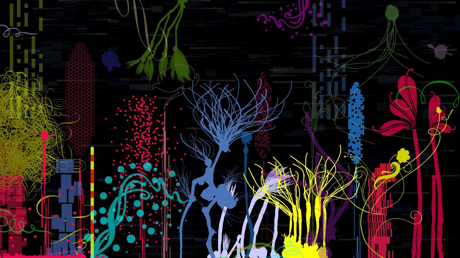 Piante astratte, Colori neon, Sfondo nero, Illustrazione, Full HD, wallpaper per computer