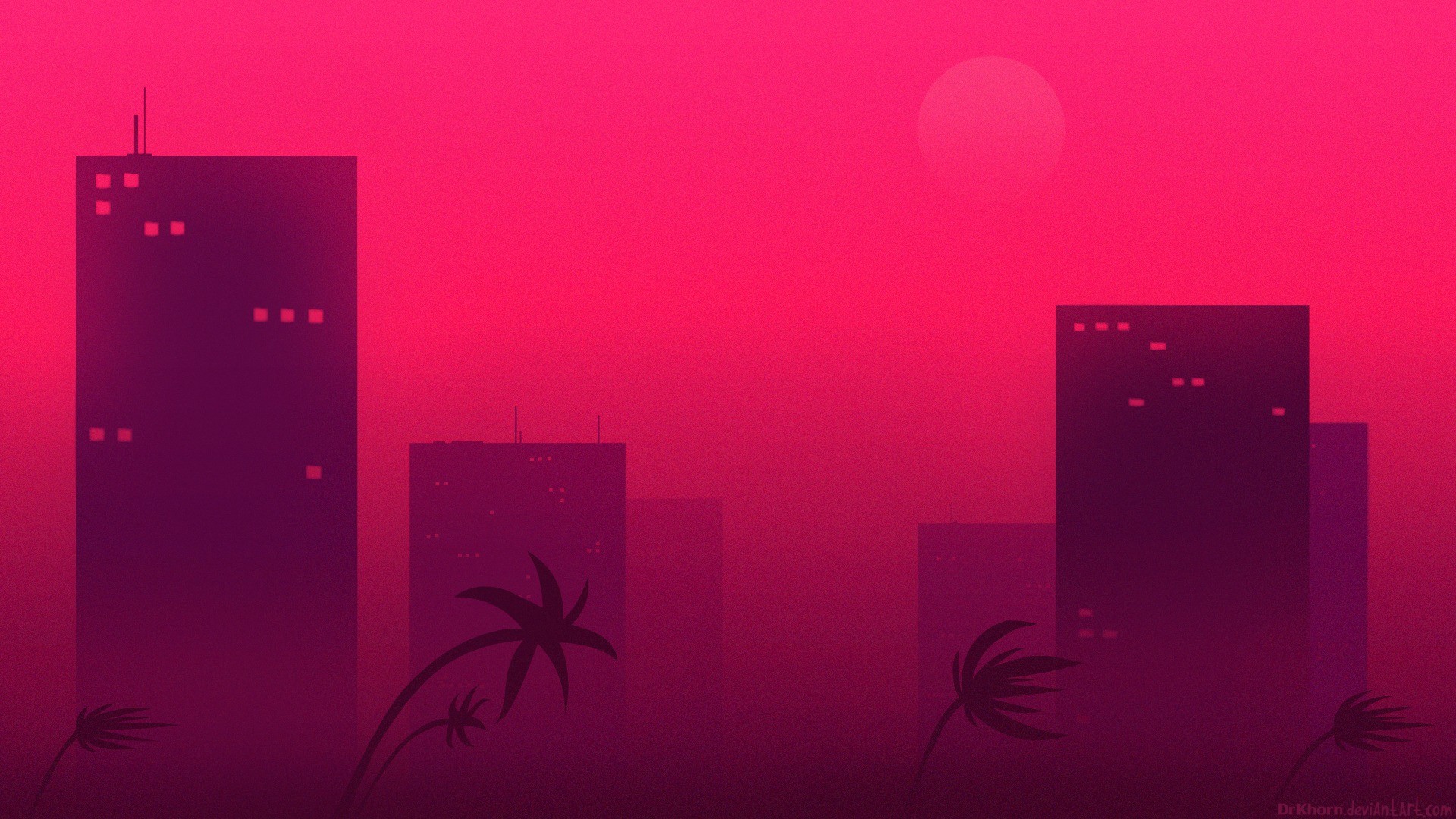 Hotline Miami, Skyline, Tramonto, Rosa, Minimalista, 1920x1080, immagine di sfondo
