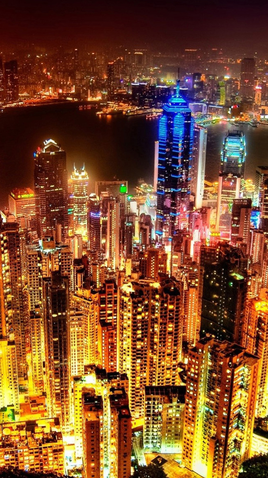 Hong Kong, Notte, Grattacieli, Luci della città, sfondo per iPhone e Android