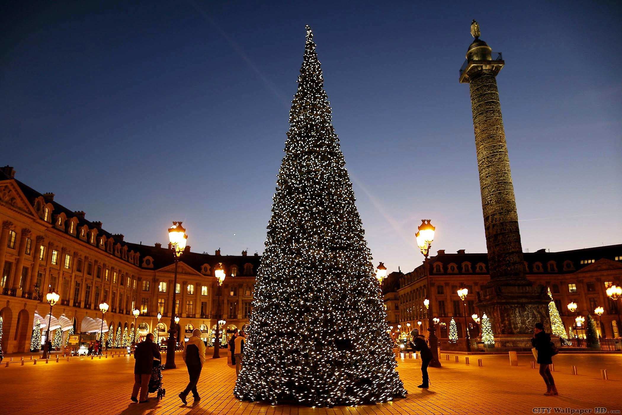 Place Vendôme, Parigi, Albero di Natale, Colonna Vendôme, Sera, Full HD, sfondo per PC e portatile