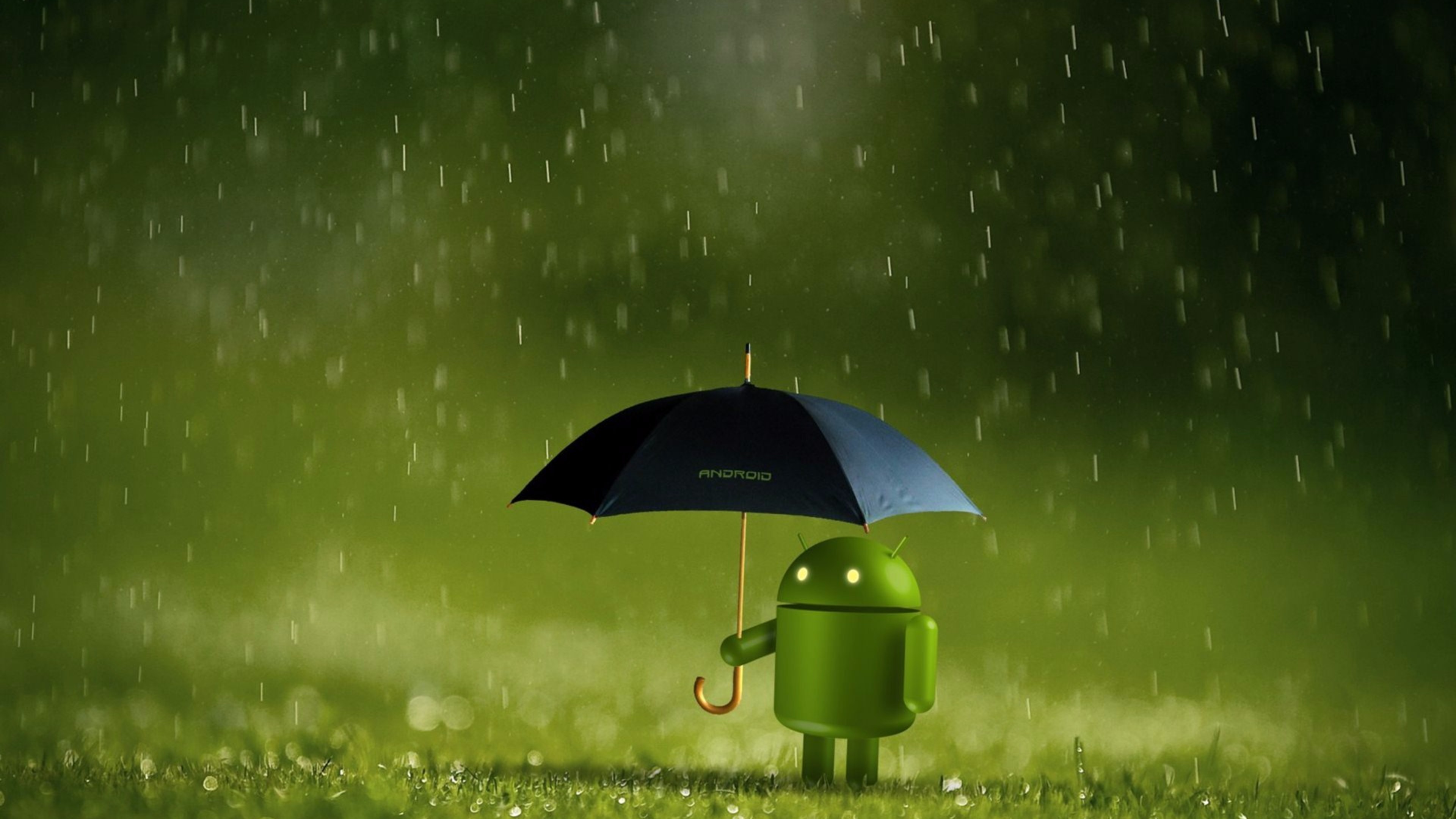 Android, Robottino Android, Ombrello, Pioggia, Verde, 16:9 4K, sfondo widescreen