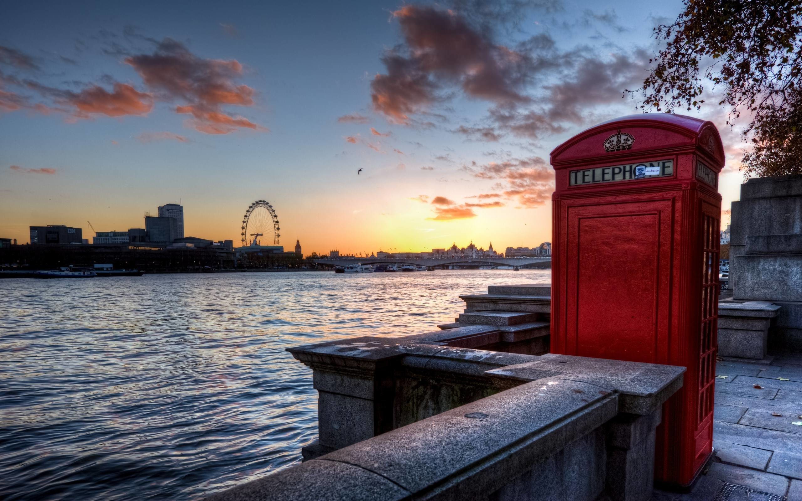 Cabina telefonica rossa, Tamigi, London Eye, Londra, Tramonto, 2560x1600, immagine di sfondo