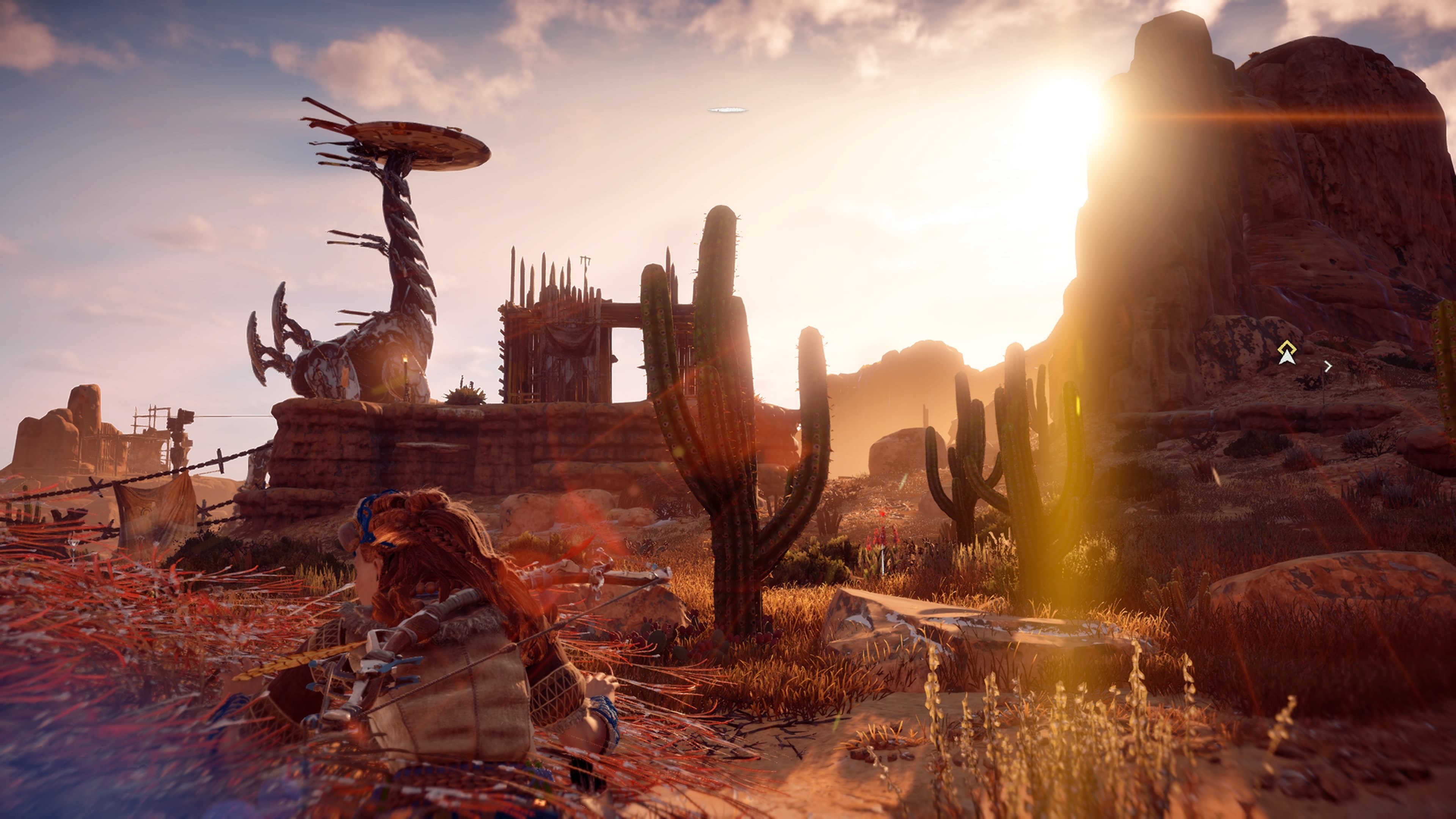 Aloy, Horizon Zero Dawn, Deserto, Cactus, Tramonto, 3840x2160, immagine di sfondo