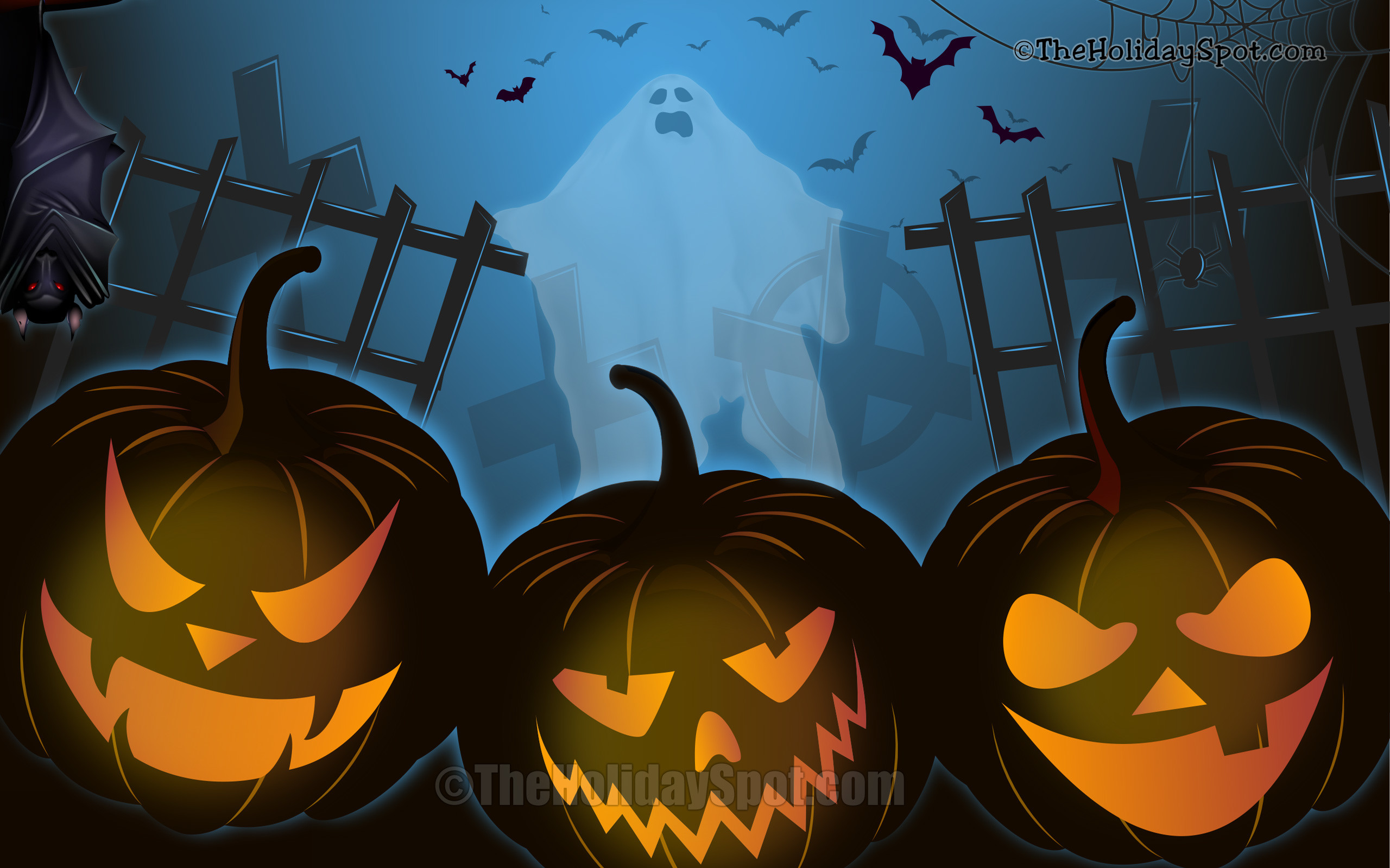 Jack-o'-lantern, Fantasma, Cimitero, Blu, 2K, sfondo Windows 11