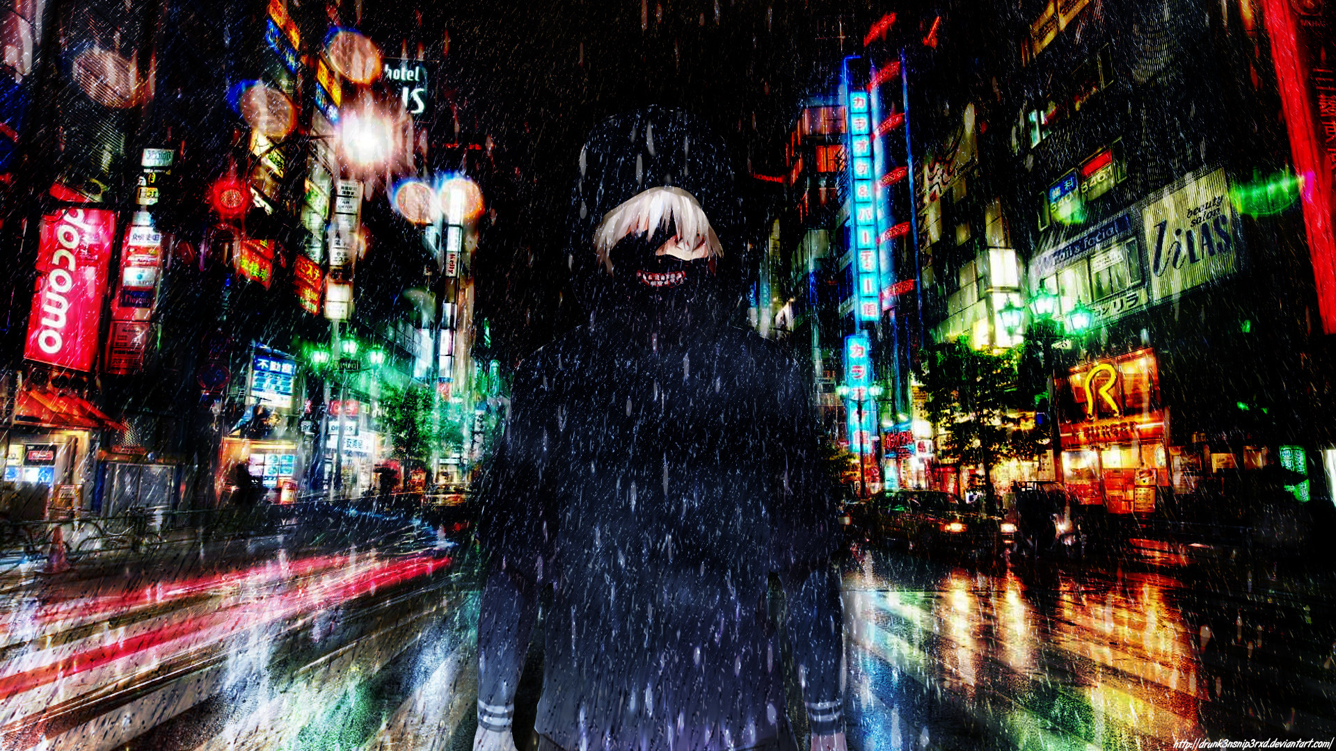 Ken Kaneki, Tokyo Ghoul, Tokyo, Insegne al neon, Pioggia, Full HD 1080p, sfondo desktop