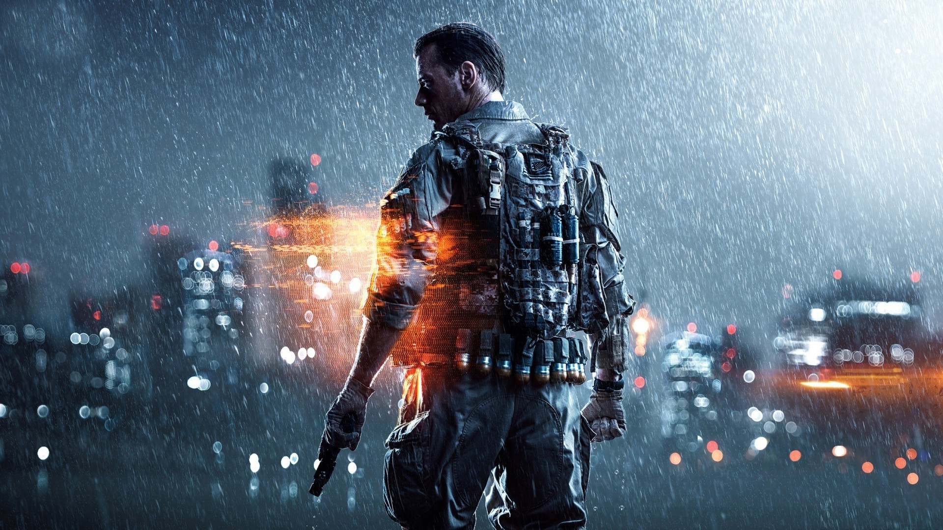 Battlefield 4, Soldato, Pioggia, Luci della città, Full HD, sfondo per PC e portatile