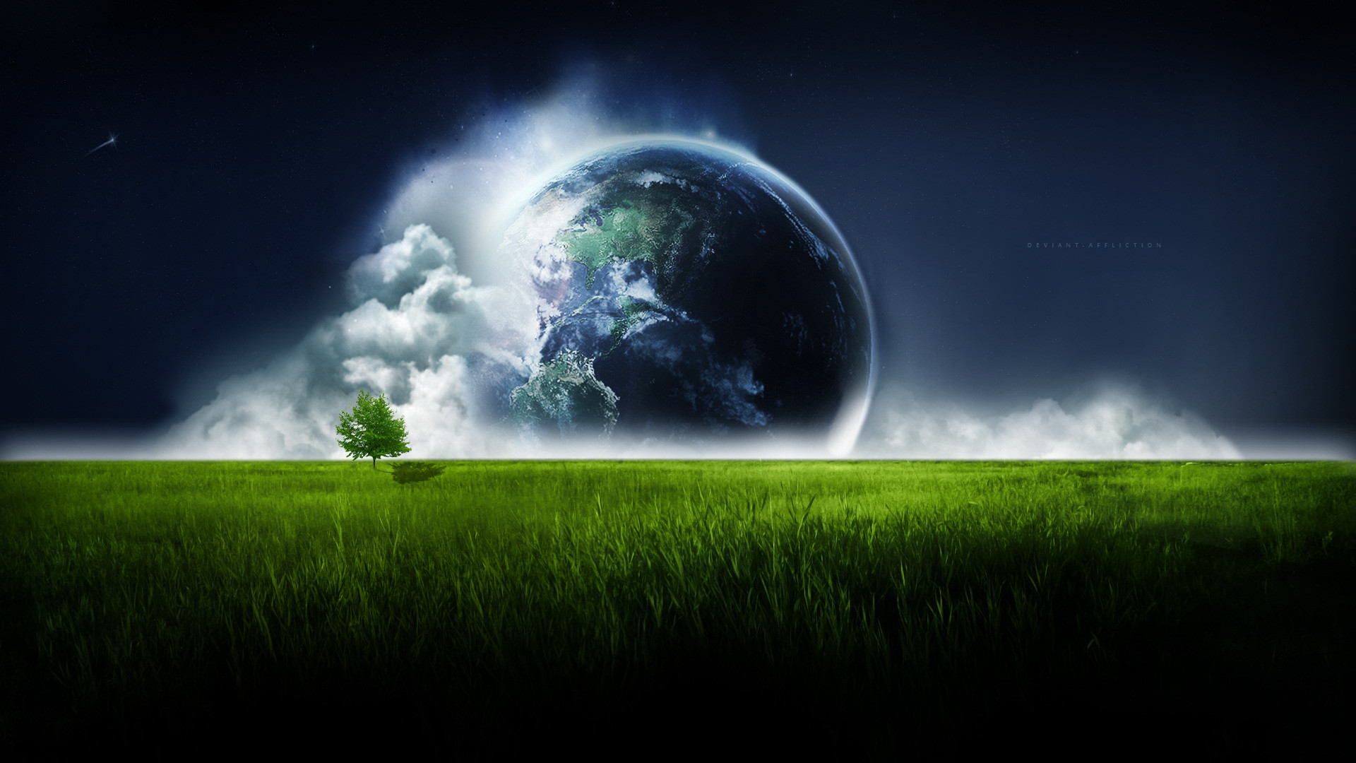 Terra, Prato, Albero, Arte digitale, 16:9 Full HD, wallpaper widescreen