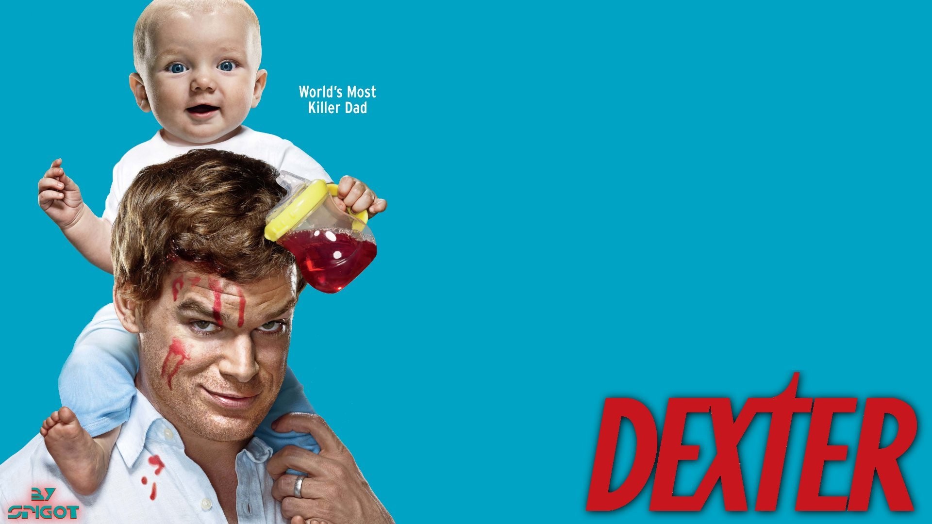 Dexter Morgan, Michael C. Hall, Dexter, Neonato, Sfondo azzurro, wallpaper 1920x1080