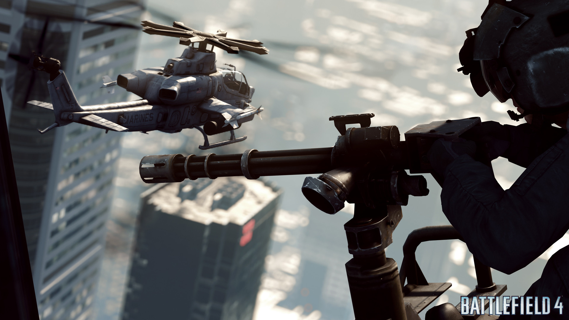 Battlefield 4, Minigun, Elicottero, Grattacieli, Silhouette, Full HD, wallpaper desktop