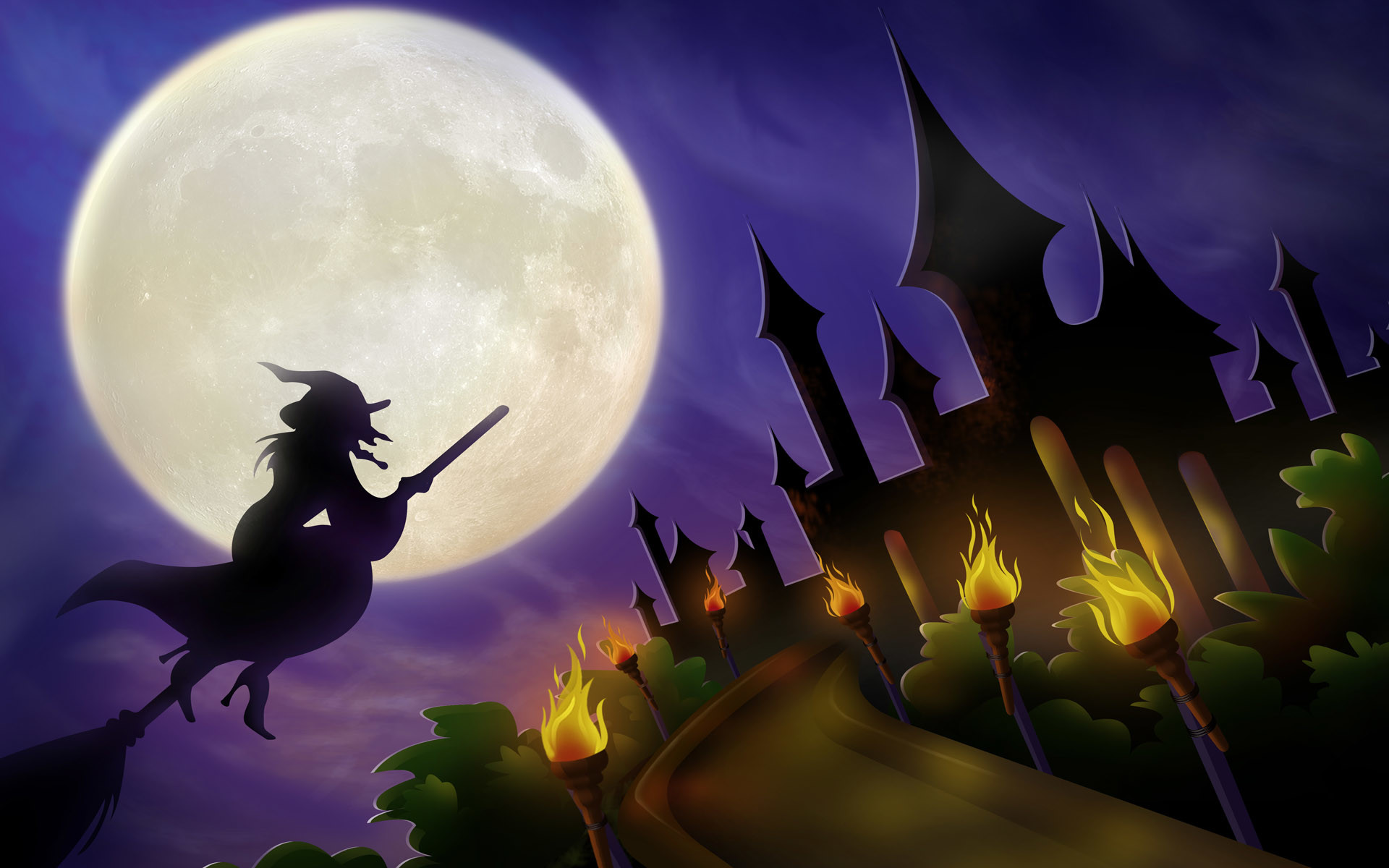 Strega su scopa, Luna piena, Castello, Torce, Viola, 1920x1200, sfondo MacBook Pro