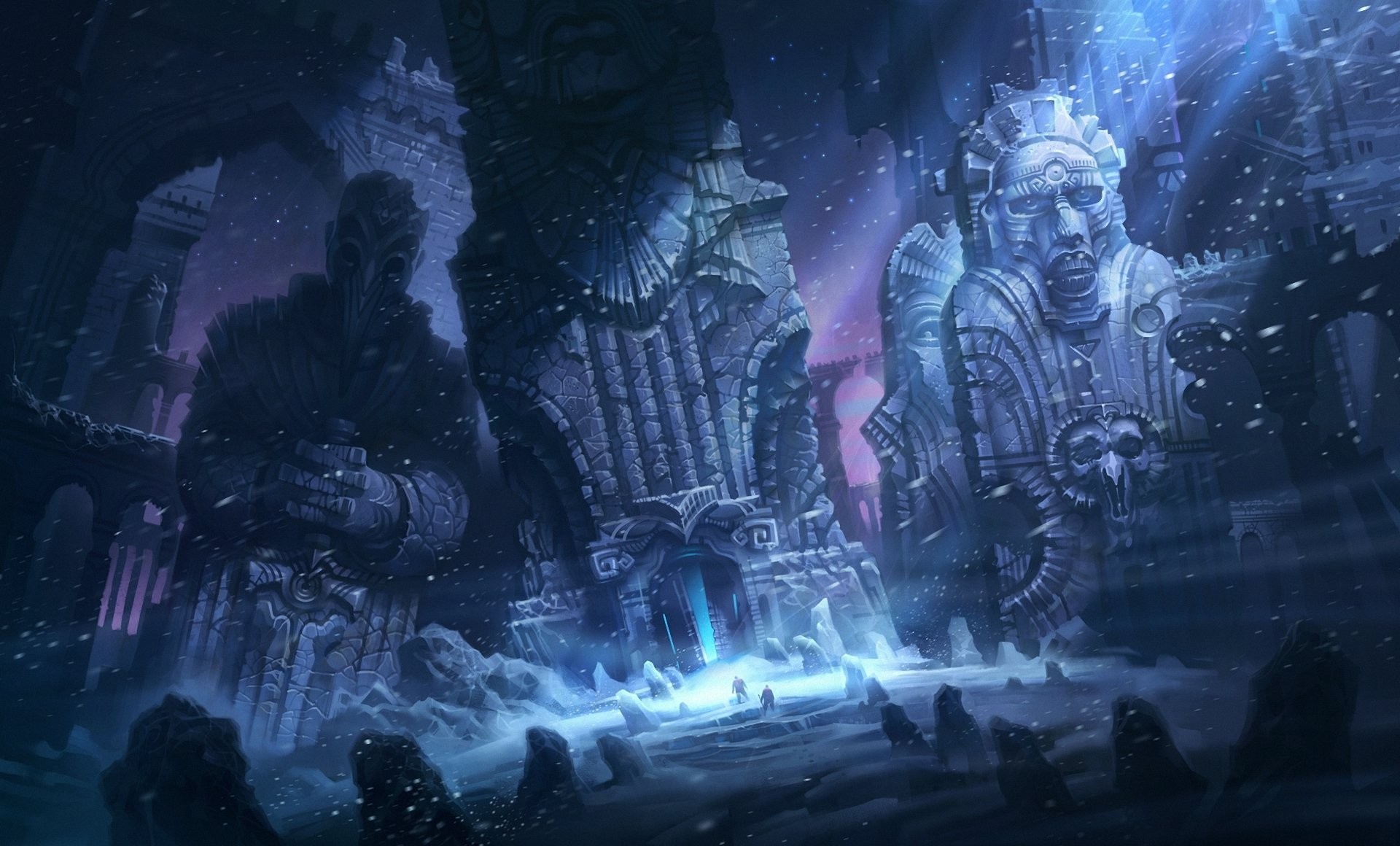 R'lyeh, Rovine, Statue, Blu, Full HD, sfondo Windows 11