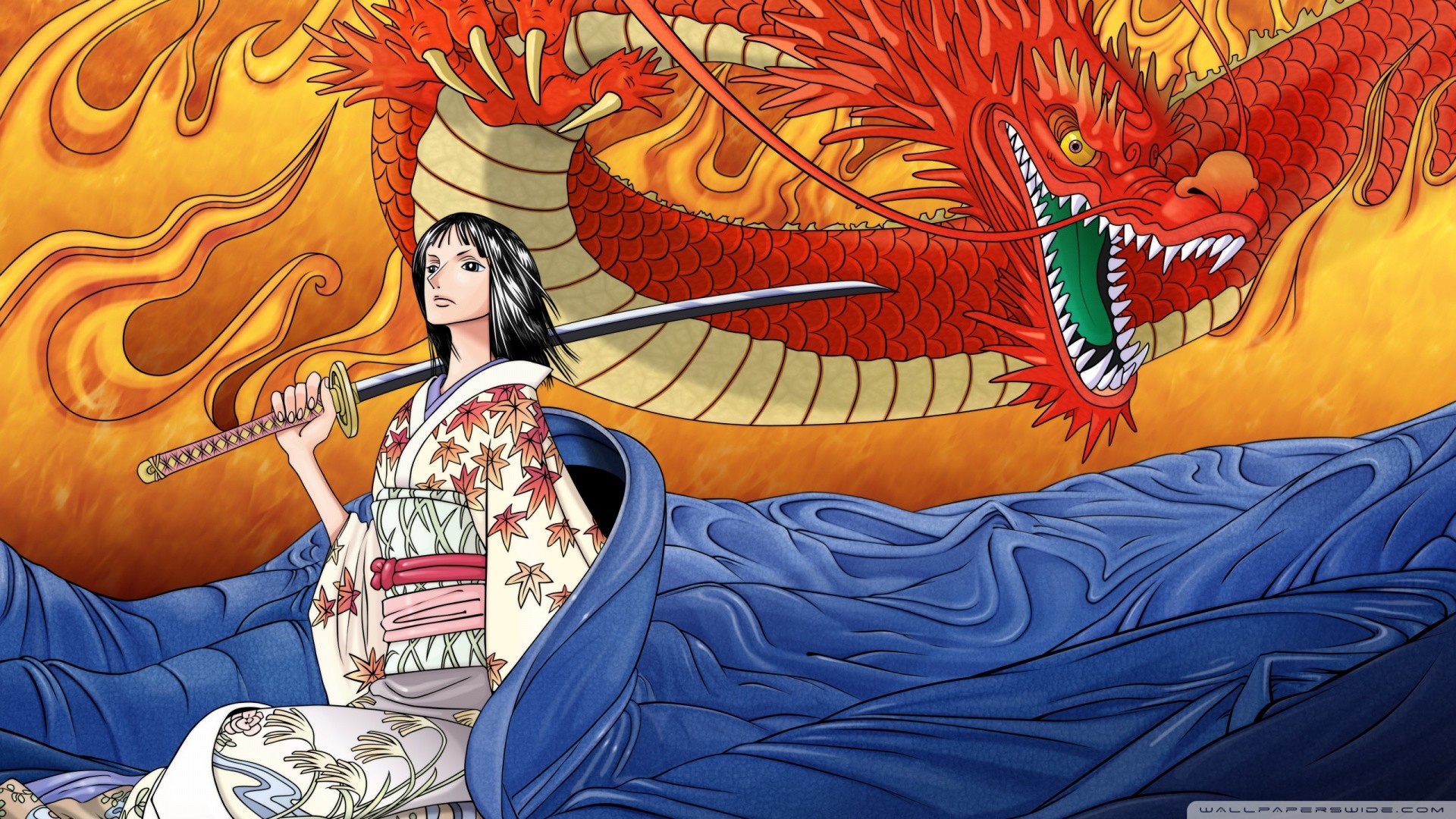 Nico Robin, One Piece, Drago, Kimono, Katana, Onde, 16:9 Full HD, sfondo widescreen