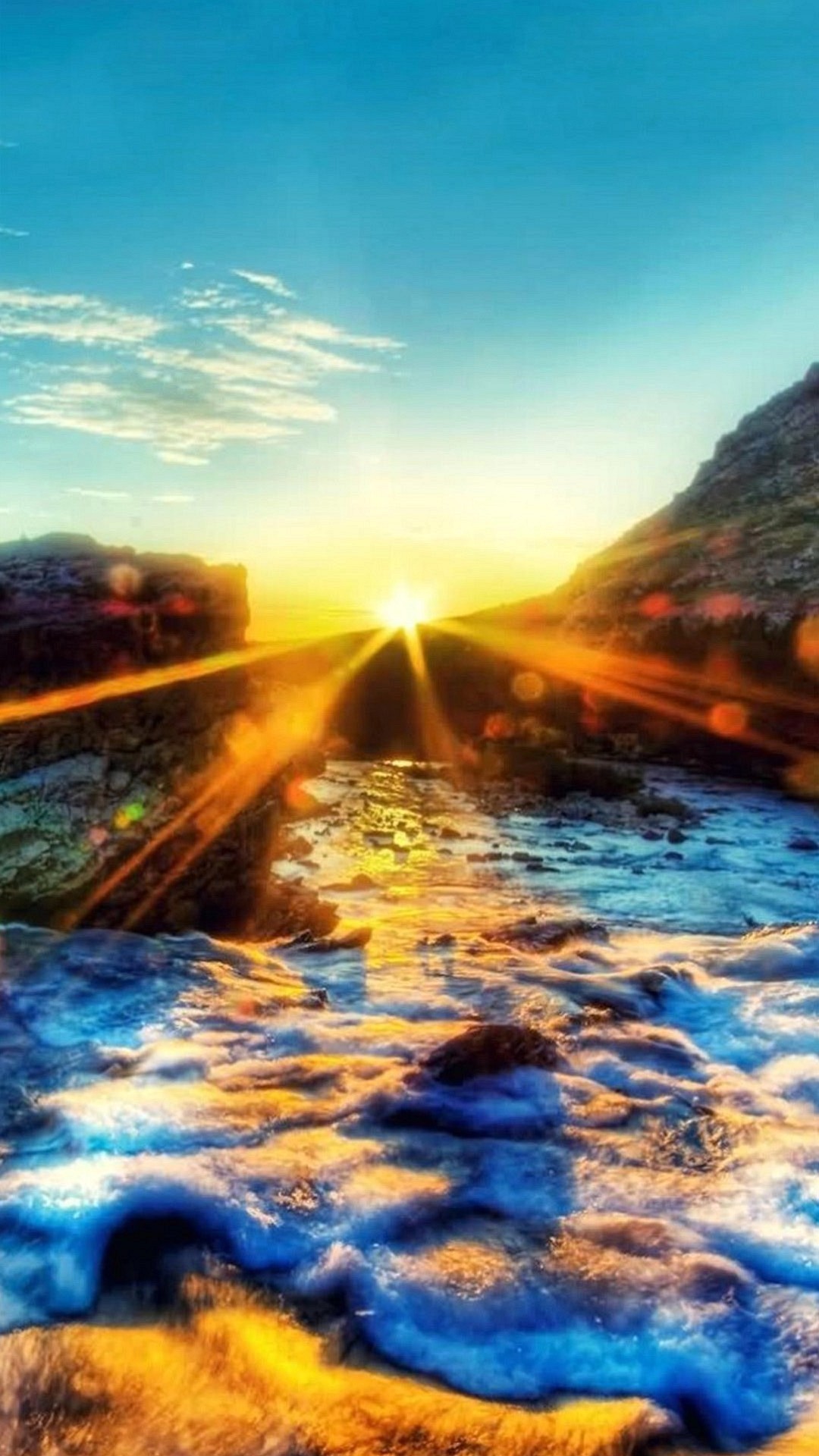 Fiume, Tramonto, Raggi di sole, Rocce, Full HD, sfondo per smartphone