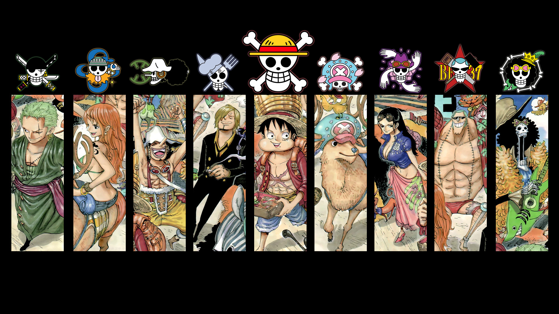 Ciurma di Cappello di paglia, One Piece, Jolly Roger, Sfondo nero, wallpaper desktop Full HD
