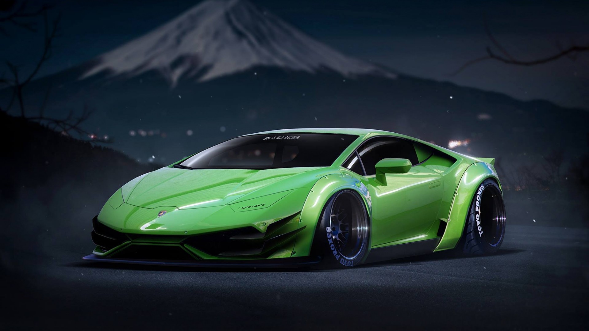 Lamborghini Huracán, Widebody, Verde, Monte Fuji, Notte, Full HD, wallpaper per PC