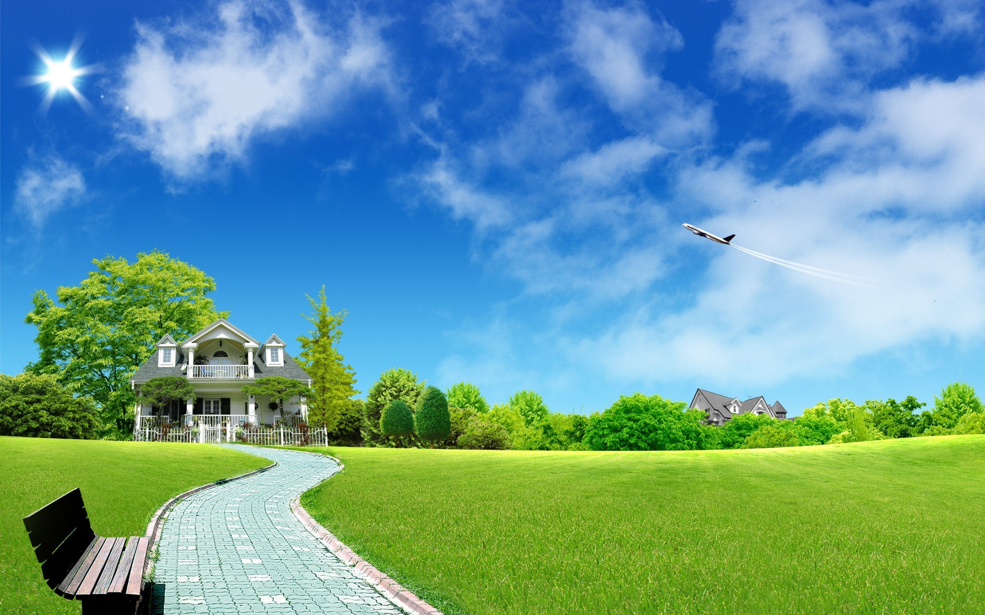 Villa, Prato verde, Sentiero, Panchina, Cielo azzurro, 16:10 Full HD, sfondo widescreen