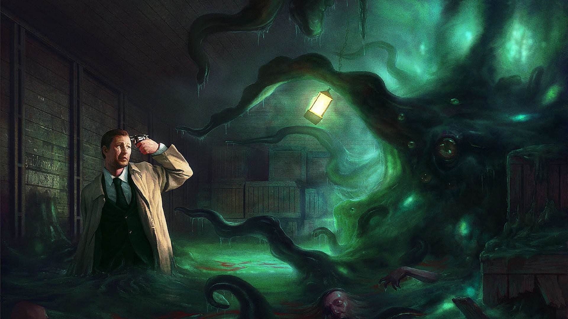 Investigatore, Tentacoli, Lanterna, Verde, Full HD, sfondo desktop