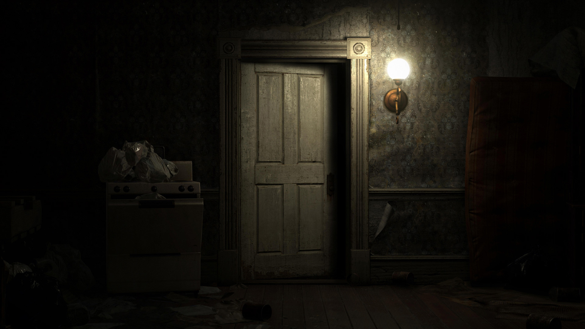 Resident Evil 7: Biohazard, Porta, Corridoio buio, Lampada, Horror, sfondo Full HD per computer