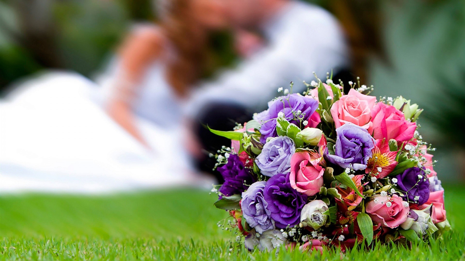 Bouquet da sposa, Sposi, Rose, Prato, Full HD, sfondo per PC e portatile