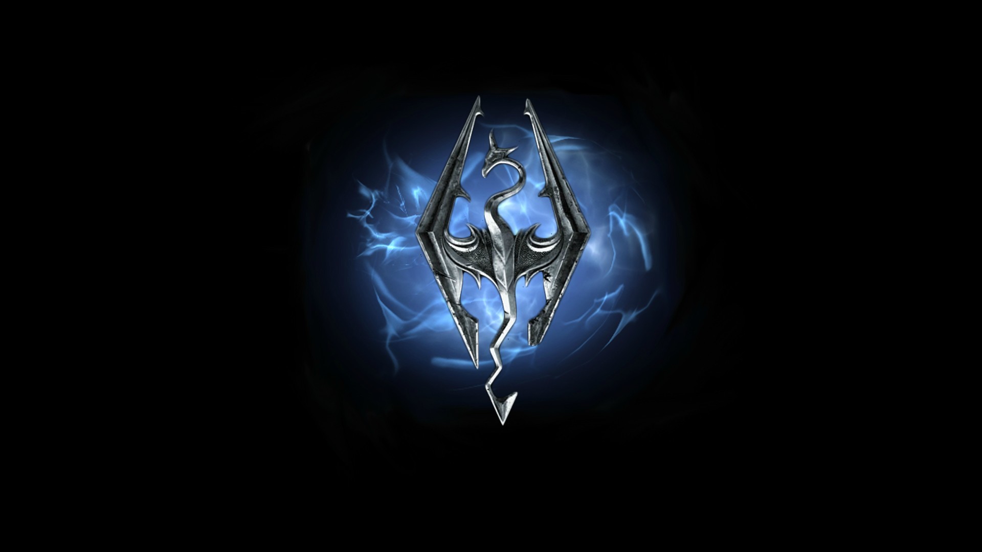 The Elder Scrolls V: Skyrim, Simbolo di Skyrim, Fulmini blu, Sfondo nero, wallpaper 1920x1080